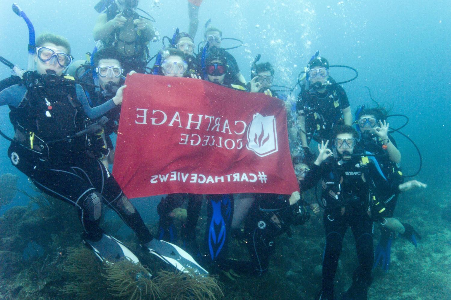 学生们手持<a href='http://cak7.1196189506.com/'>博彩网址大全</a>旗帜，在j学期洪都拉斯游学之旅中潜水.